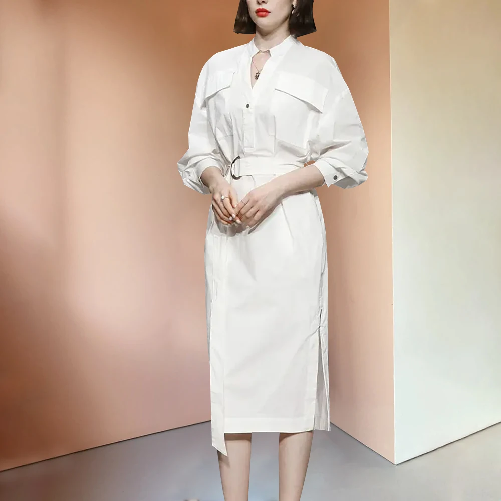 New white temperament casual waist slimming mid-length long shirt dresses women casual for women