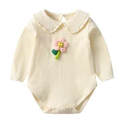 Wholesale Autumn NewBorn Cute Long Sleeve Cotton Infant Girls Jumpsuits Stock Lots Baby Rompers with Flower