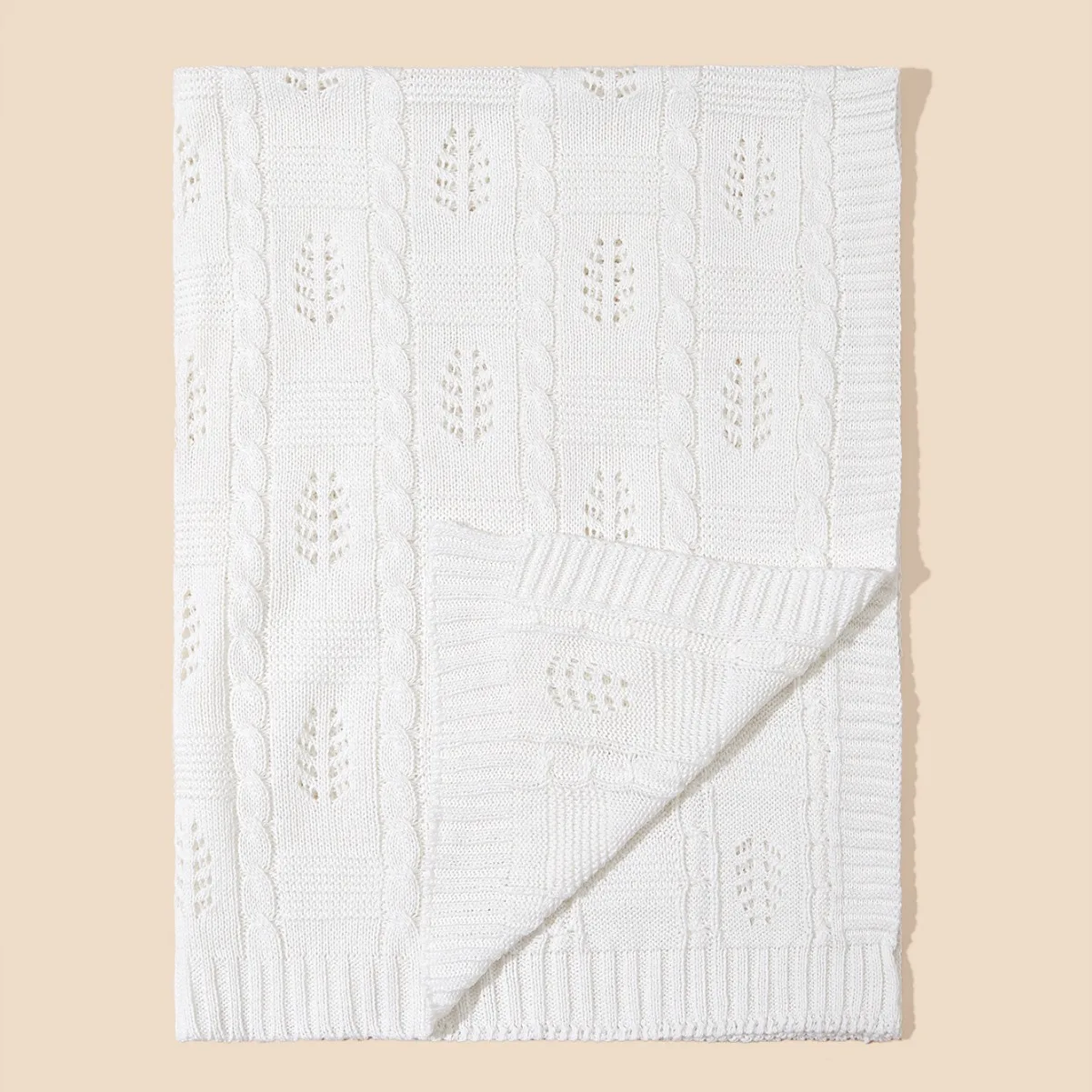 Neutral Cotton Knit Blanket Leaf Pattern Soft Warm Toddler Blankets Receiving Swaddle Crib Stroller Blanket for Baby
