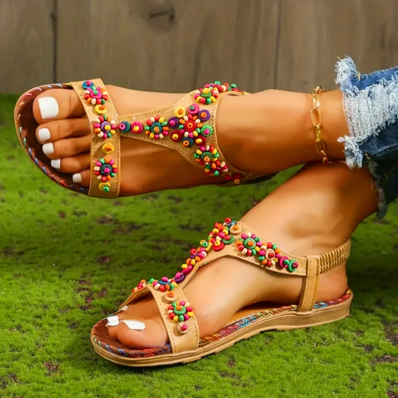 2024 Summer new Bohemian national style handmade beaded women's sandals flat open toe women sandals