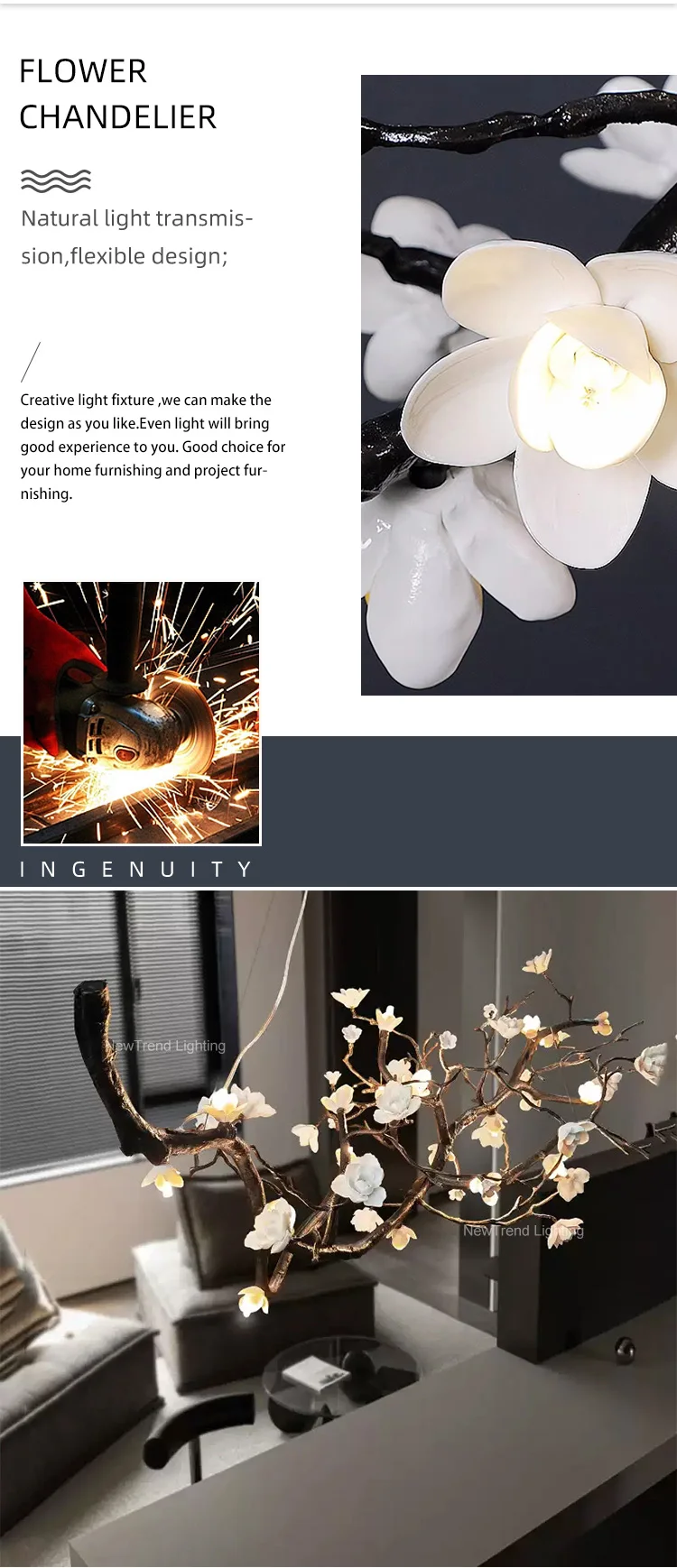 CPL-380 Natural Inspired Lamp Indoor Decoration Villa Apartment Dining Living Room Flower Pendant Light LED Branch Chandelier manufacture