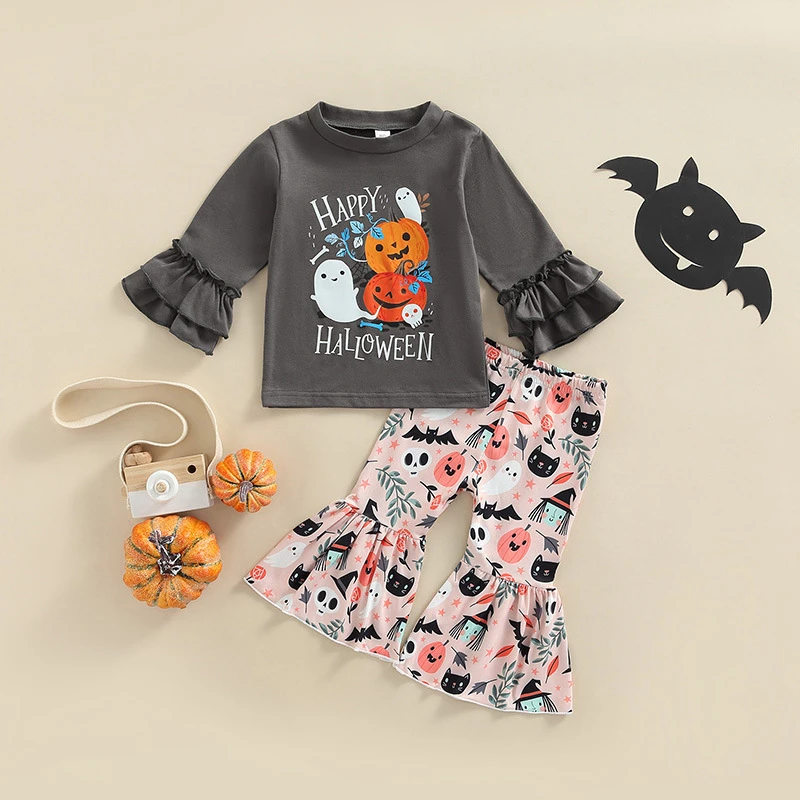Happy Halloween Kids Clothing Sets Pumpkin Ghost Print Tshirt Bell Bottoms Toddler Baby Girls 2pcs Halloween Clothes Outfits