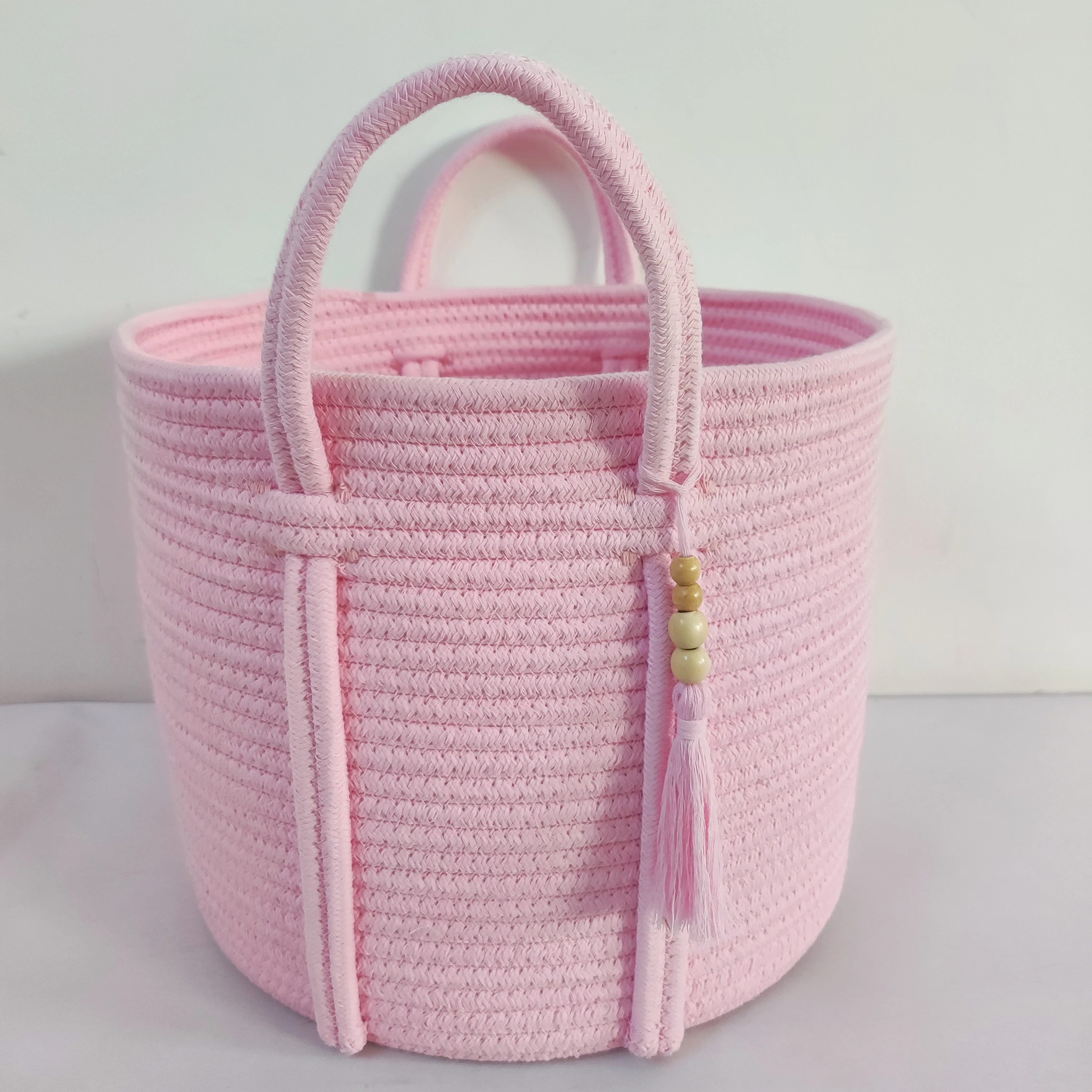 Handmade Eco-Friendly  Bright Pink Color Coiled Large Cotton Rope Nursery Blanket Laundry Hamper Basket
