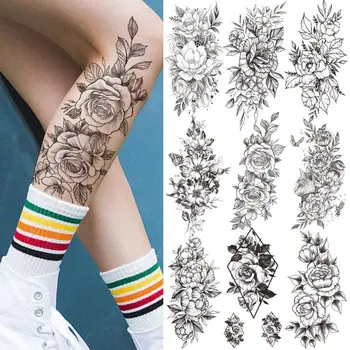 Temporary Tattoos For Women Girl Adult Realistic Fake Rose Tattoo Sticker Geometry Waterproof Tattoo Covers