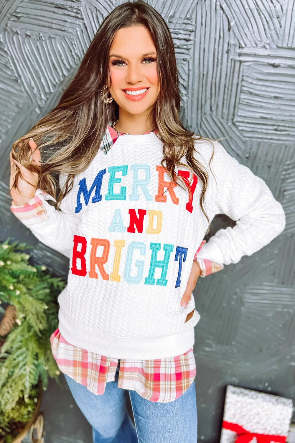 Dear-Lover Merry&Bright Cable Knit Pullover Graphic Christmas Sweatshirt For Women