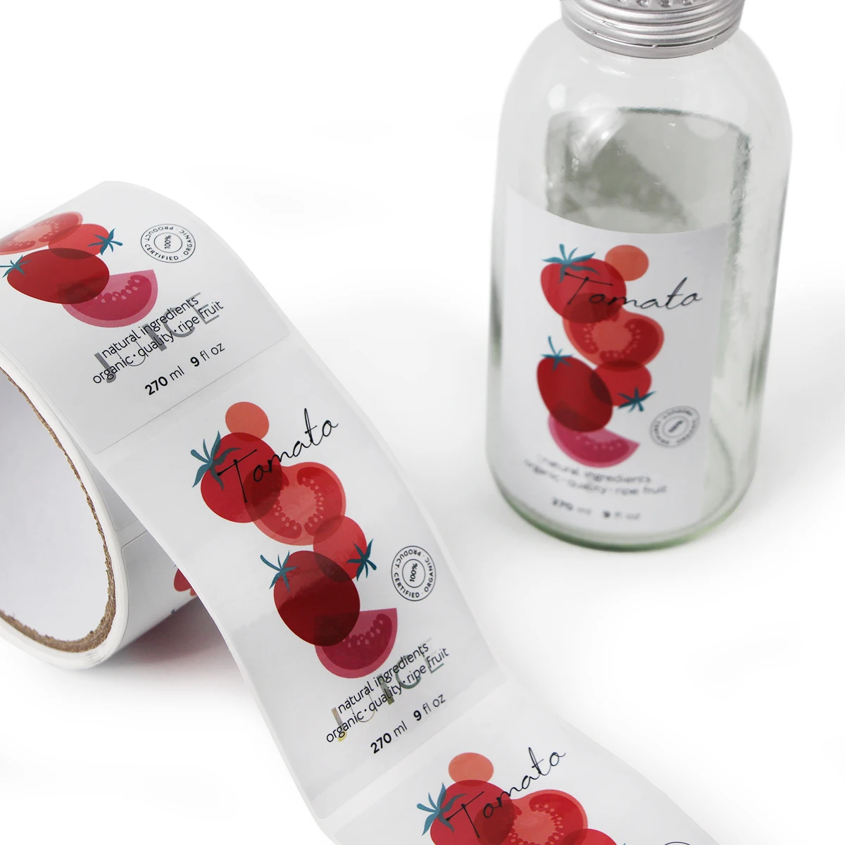 Custom Adhesive Silver BOPP Vinyl Sticker Waterproof LOGO Label for Glass Fruit Juice Beverage Jar Bottle Packaging
