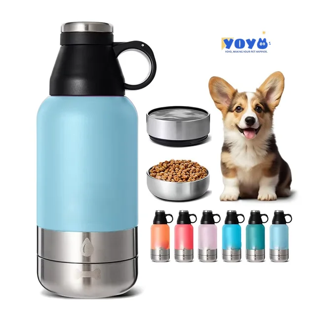 Yoyo 2024 3 In 1 32oz 64oz Portable Dog Water Bottle Dog Bowls Stainless Steel Insulated Outdoor Travel Food And Drinking Feeder