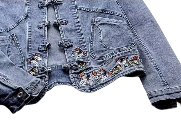 New Chinese Style Embroidered Stretch Denim Jackets Customized Button Women's Short Jacket Top Loose supplier