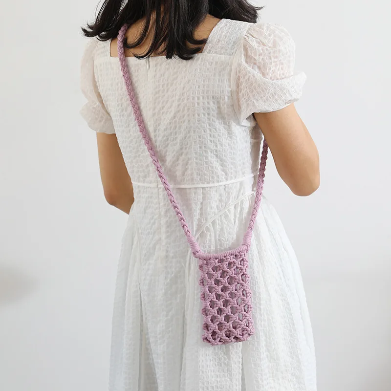 Color crossbody cotton yarn straw bag hollow out cotton yarn woven bag mobile phone cute summer bag woman