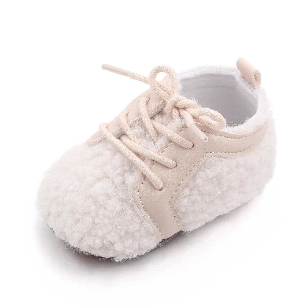 PU Leather Solid Color Plush Front Lacing Cute Warm Baby Soft Soled Toddler Cotton Shoes manufacture