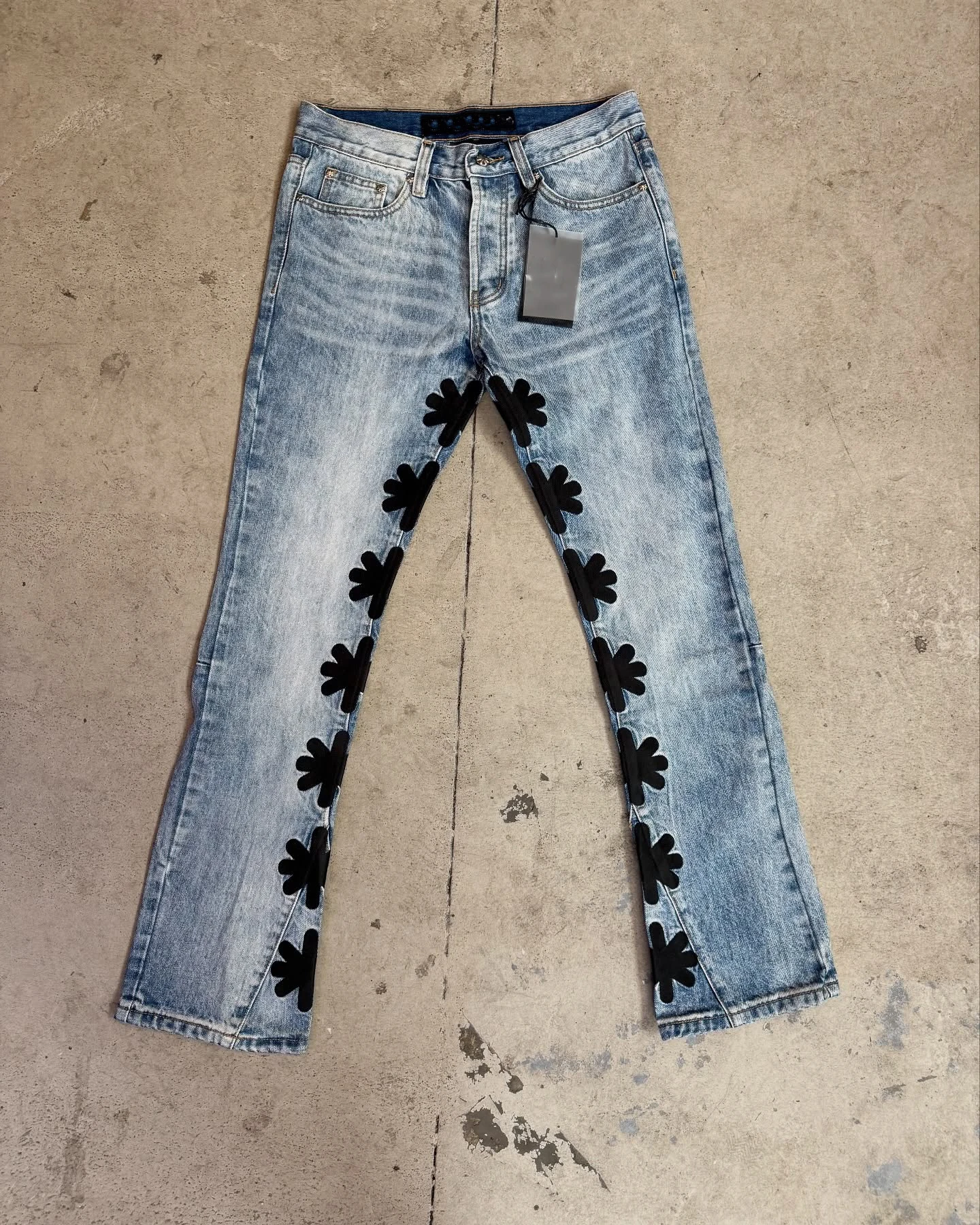 Streetwear Custom Patch Embroidery Pu Leather Pants Vintage Wash Flared Jeans Denim Pants for Men details