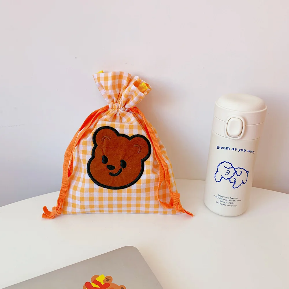reusable cotton drawstring cosmetic bag pouch bear embroidery