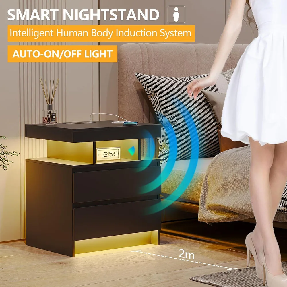 Modern Wood Nightstand Charging Station with LED Light 2 Drawers USB Ports Wireless Charger for Bedroom (Black) details