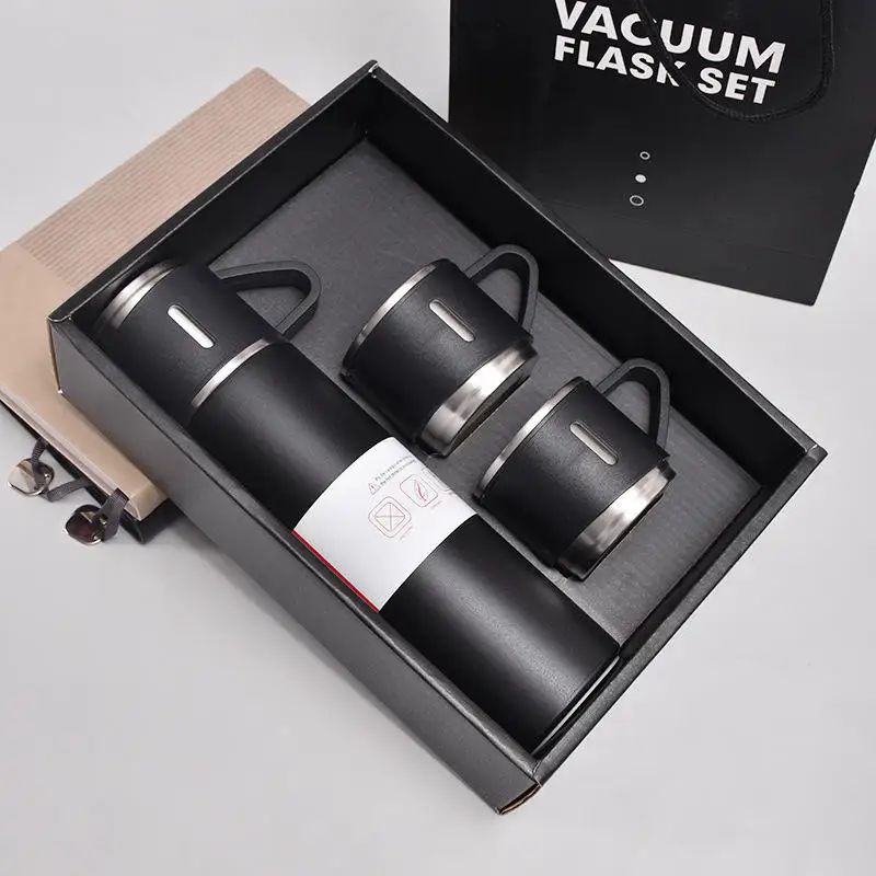 New Arrival Stainless Steel Hot Water Bottles With Three Lids Business Travel Thermos Cup Portable Vacuum Flask Set
