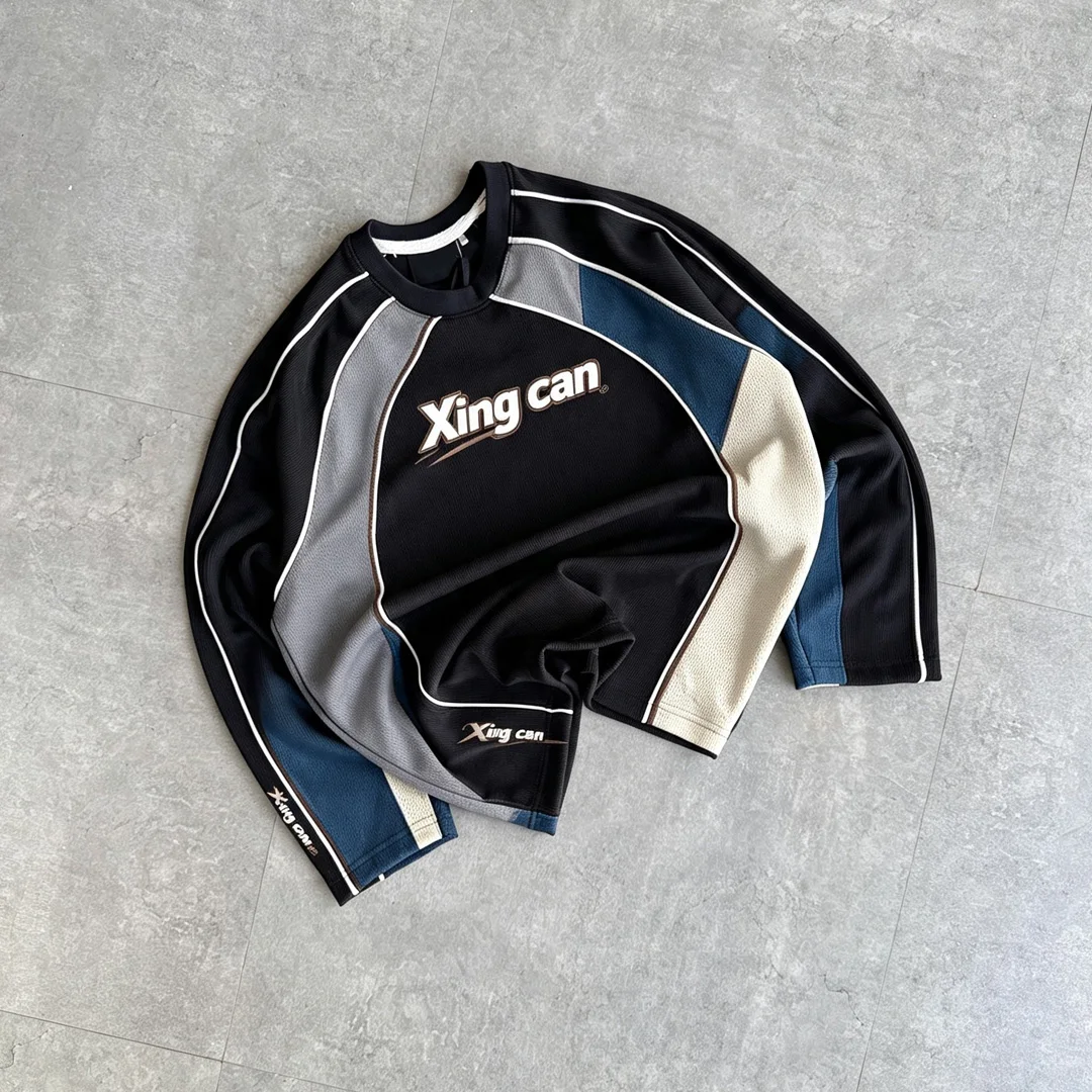 product wholesale contrast stitching 100 cotton long sleeve mens t shirt men racing style letter print street top oem custom-6