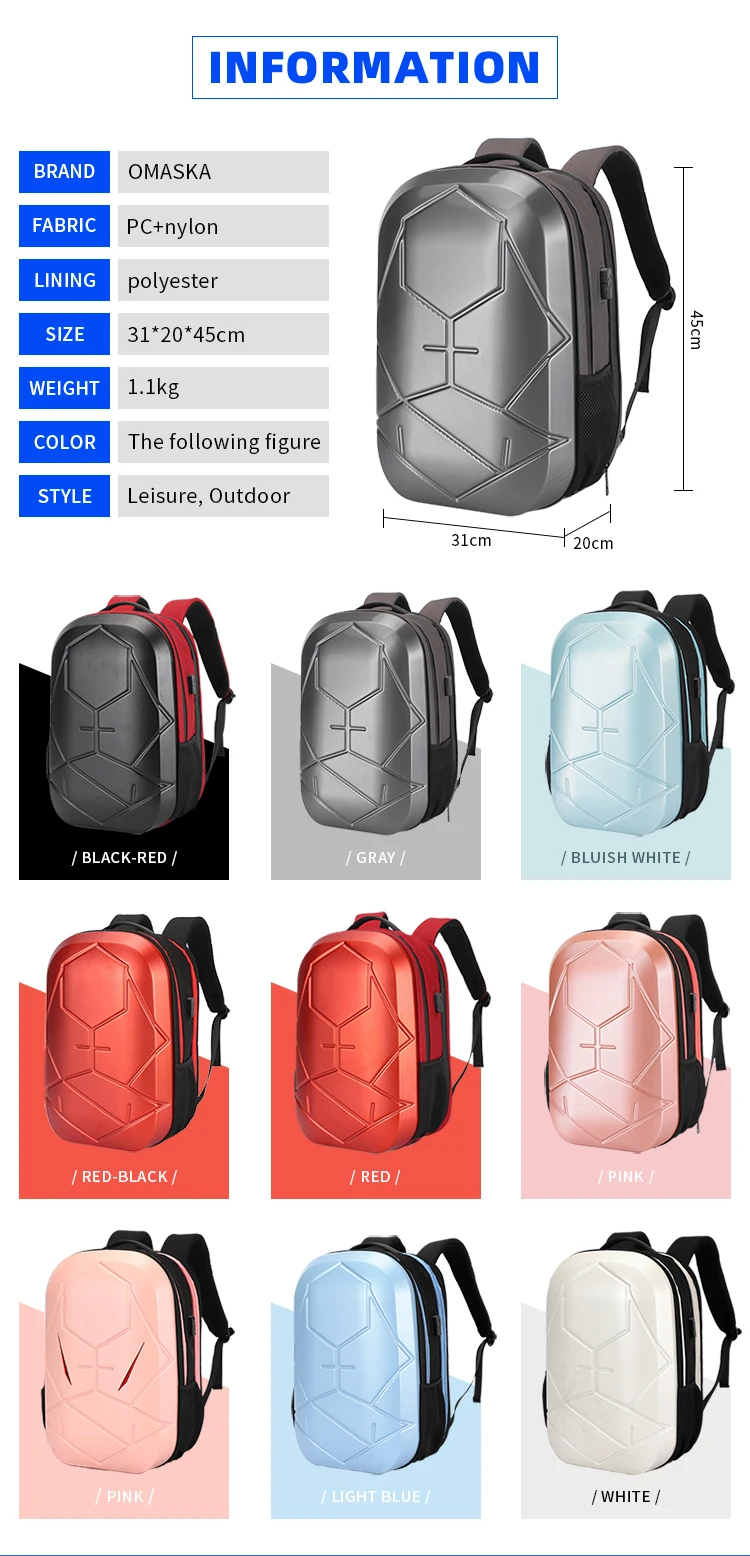 Outdoor Activities Water Resistant USB Charging Backpack Hard Shell Large Luggage Back Pack