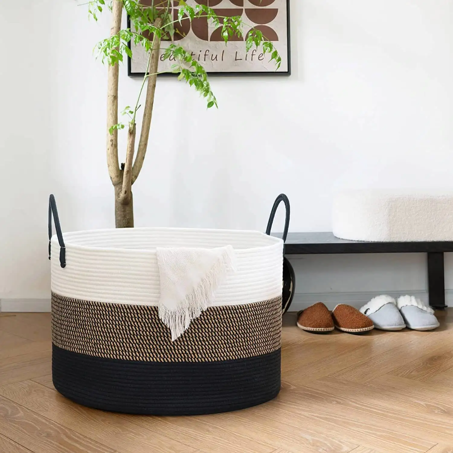 Customized Color Round Shape Woven Rope Basket with Handles Blanket Living Room Baby Toy Nursery Storage Large Round Laundry