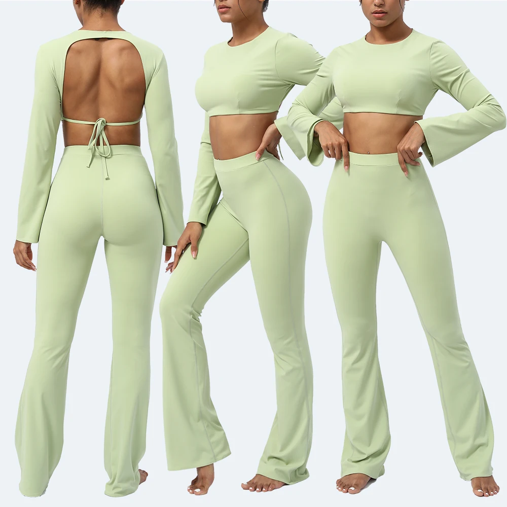 2024 New Design Women 2 Piece Set Yoga Sport Long Sleeve Shirt Yoga Flare Pant