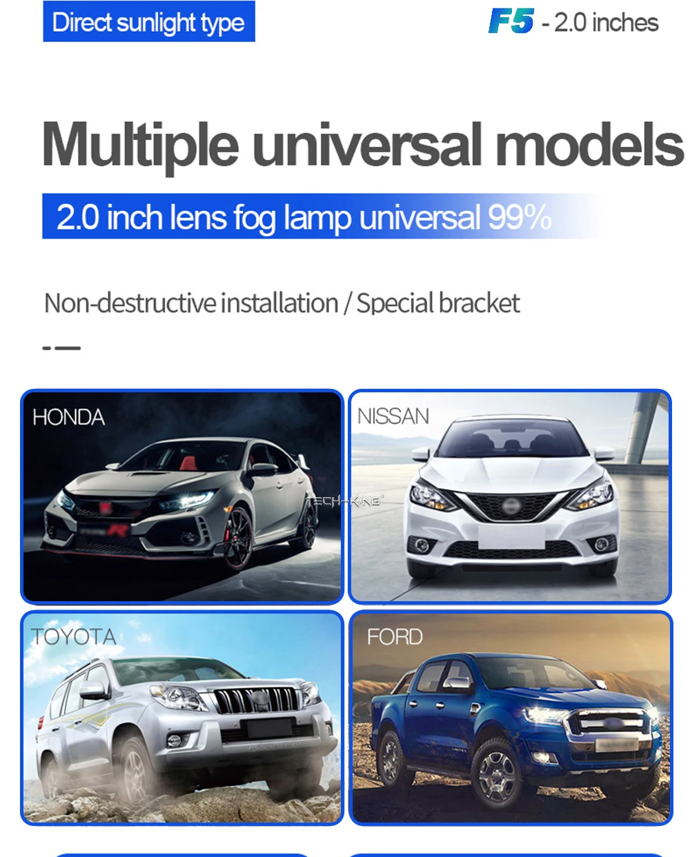 TECH-KING Automobile 2-inch 12V universal LED three-light matrix projector fog lamp for Toyota Nissan laser lens fog lamp