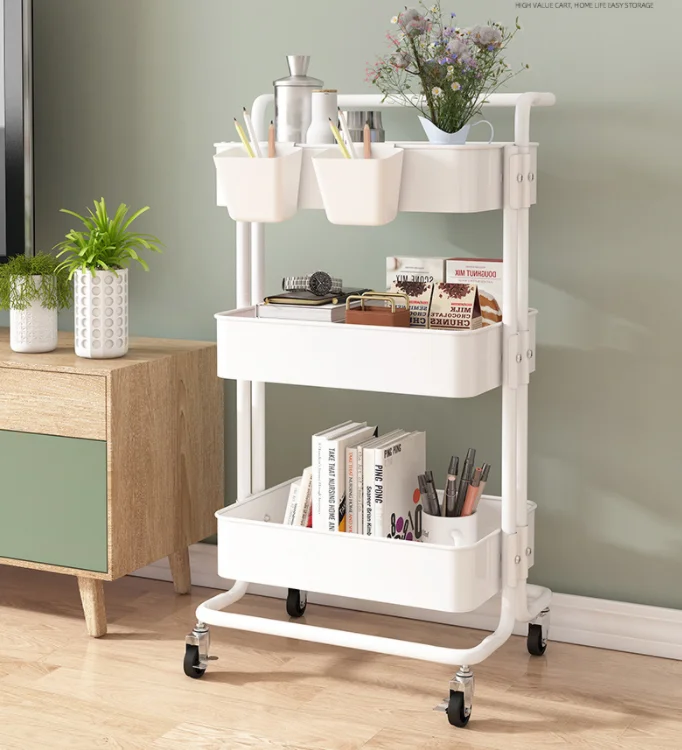 3 Tier Foldable Metal Rolling Cart Metal Trays Utility Cart With Handle