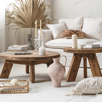 Solid Wood Vintage Round Coffee Tables in Reclaimed Wood Pine Antique Style Natural Colour