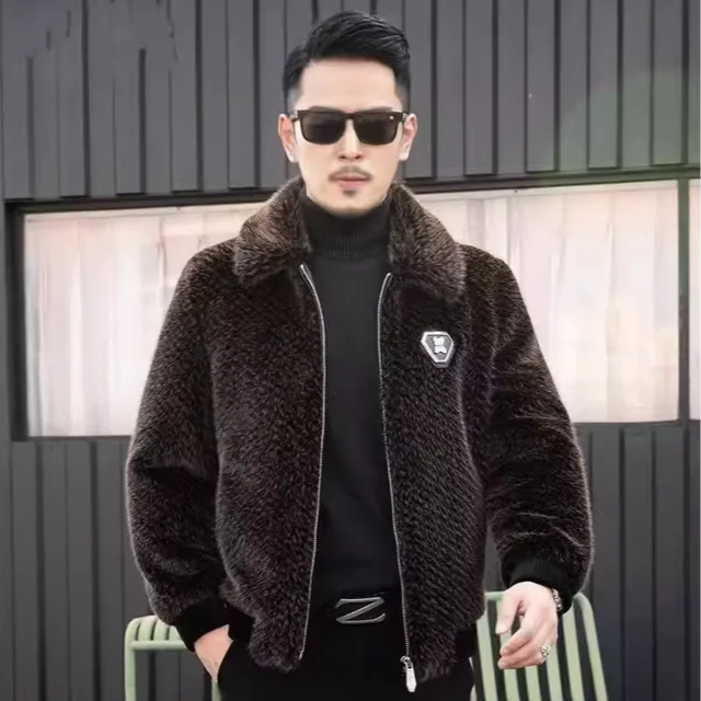 High-End Men's Velvet Hooded Fur Coat Light Luxury Winter Coat with OEM Service Wholesale Supply