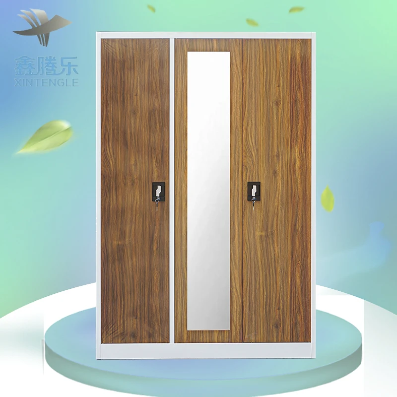 Modern 3-Door Metal Wardrobe Godrej Steel Almirah Closet Cheap Iron Armario De Metal Bedroom Furniture Almari Baju Dewasa