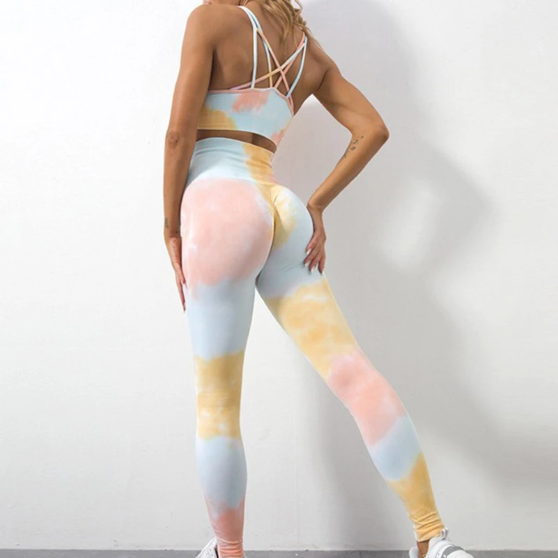 European and American Tie-Dye Seamless Yoga Set Fitness Clothes High Waist Tight-Fitting Beautiful Back Sportswear