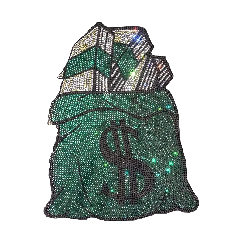Red money bag Rhinestone Heat Transfer Crystal Patch Clothing Repair Hot Fix Applique for T-Shirts Vest Shoes