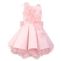 Pink Satin Baby Girls Kids Graduation Gown Dresses With Flower Bow For Wedding Party Children Princess Dress Luxury Clothes