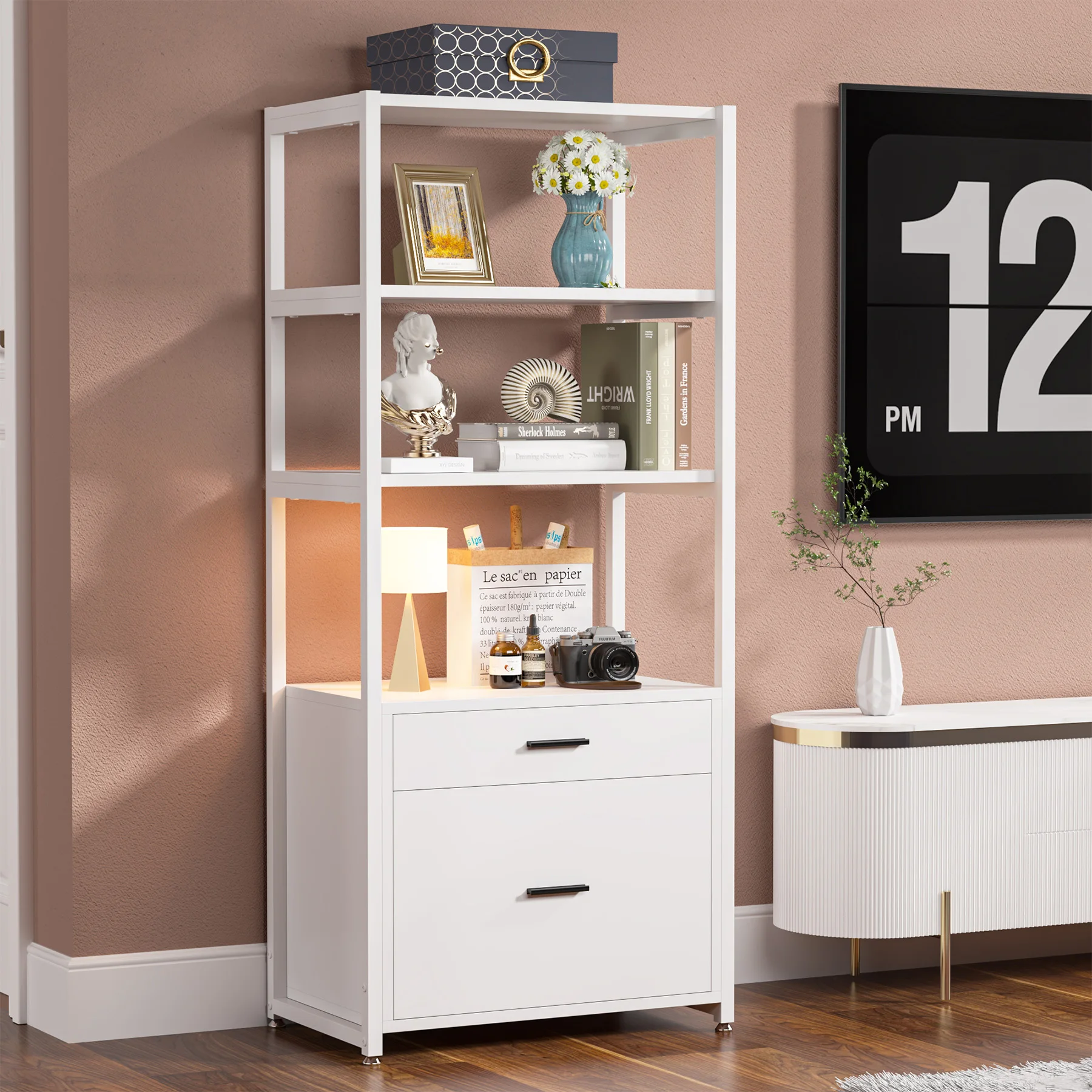 Mobile Lateral White 2 Drawer Wood File Cabinets Letter Legal Size Filing Cabinet with Storage open shelves for books