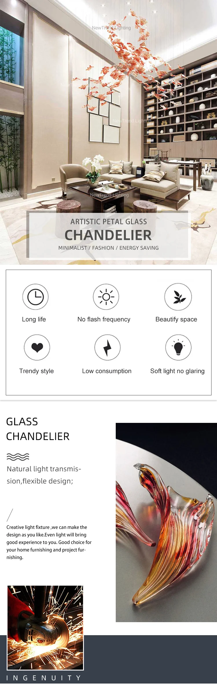 CPL-161 New Design Lustre Cristal Custom Flower Shape Indoor Decoration Lighting Artificial Petal Glass LED Chandelier manufacture