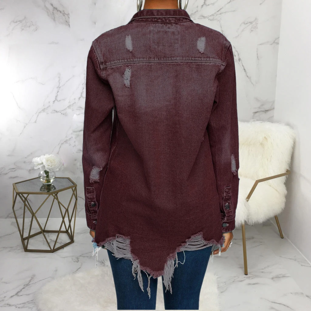 Hot Selling Women's Casual Long Sleeve Denim Shirts Loose Fit Ruffled Collar Solid Pattern Blouse Top Direct Wholesales details