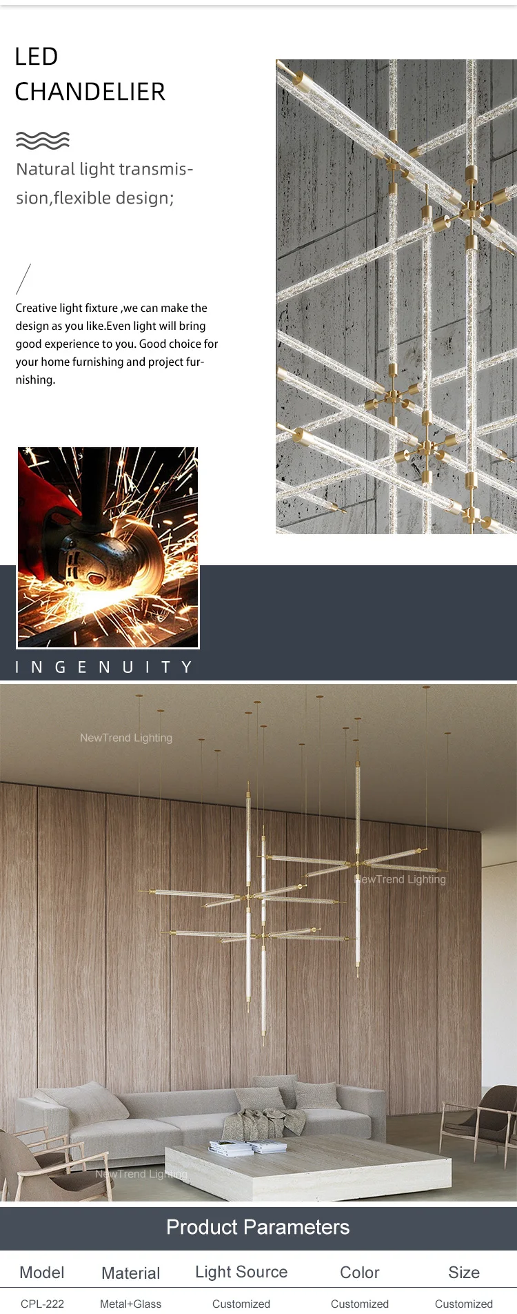 CPL-222 New Product Indoor Decoration Large Project Hotel Lobby Villa Staircase Modern Hanging Chandelier factory