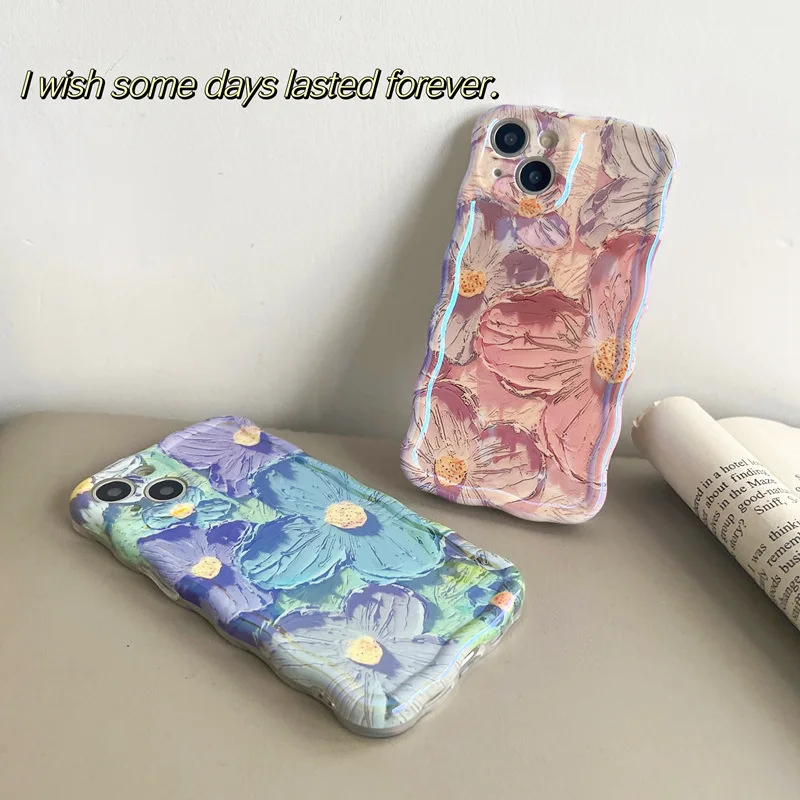 Retro Oil Painting Flowers Phone Case For iPhone 14 13 12 11 Pro Max Camera Protection Wavy Edge Back Cover Shell Cases