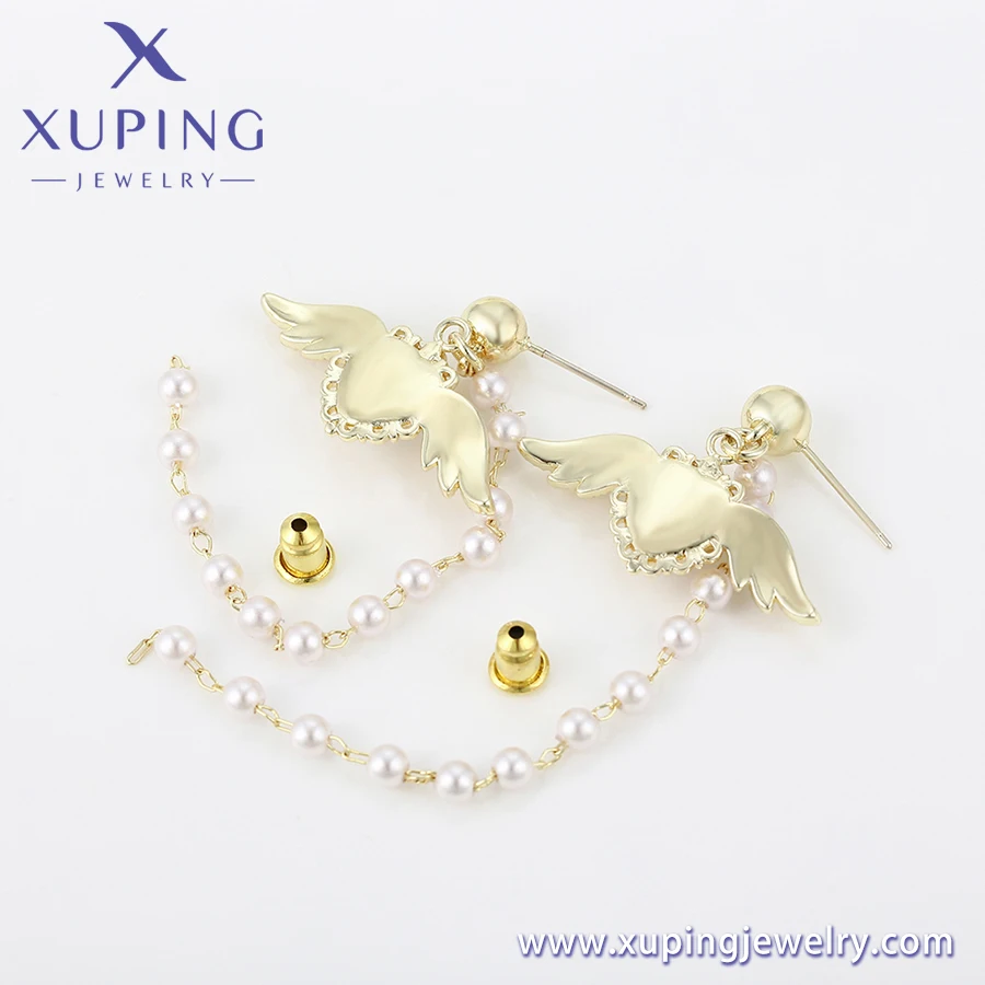 Earring-677 Xuping Jewelry Angel Heart Wings Plastic Bead Delicate Fringe Long 14K Gold Ladies Earring