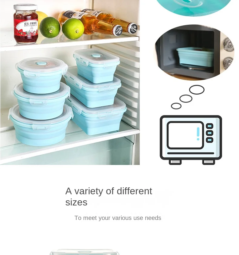 Folding Silicone Lunch Box Portable Crisper Microwave Oven Bento Box Plastic Square Lunch Box Refrigerator Storage Box Wholesale