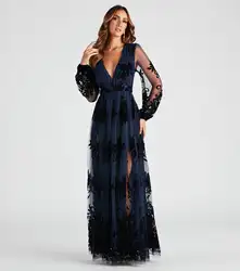 Plunge v-neck A-line silhouette floor-length Floral flocked velvet tulle knit lining with dual slits Dress