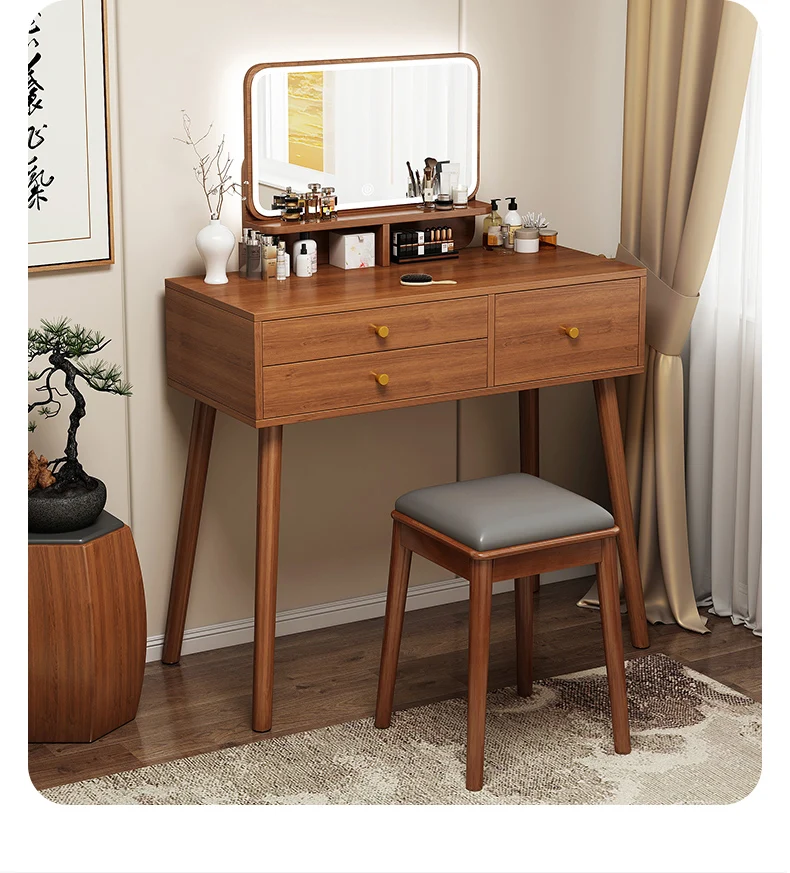 Wooden Small Makeup Vanity Desk with Mirror and Lights with Cushioned Stool for Bedroom Dressing Room Girls Women.