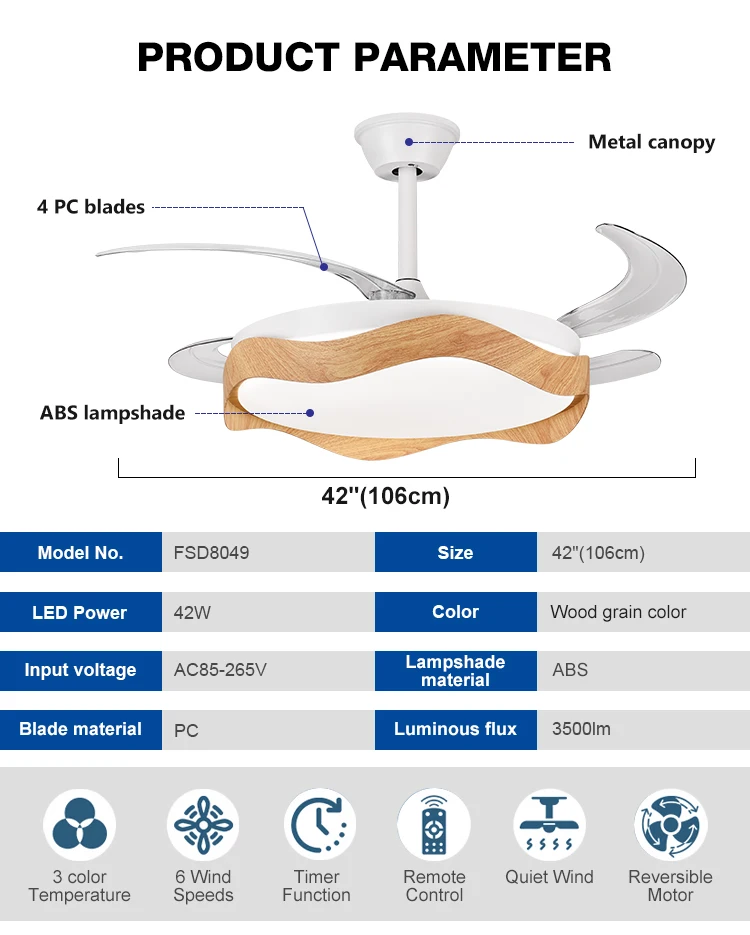 Outstanding Power Hot Selling 42 Inch Natural Wind Slient Bedroom Living Room Remote Control Dimmable 3CCT Invisible Led Ceiling Fan 1