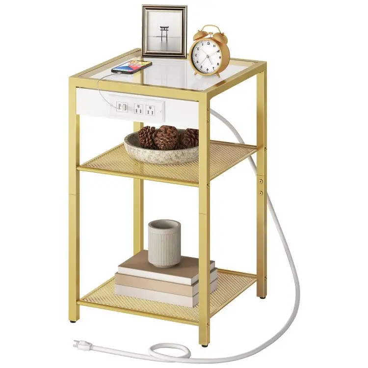 Wholesale Gold and Black Living Room Glass Side Bedside Tables Modern 3-Tier Nightstands with Storage Shelves Charging Station