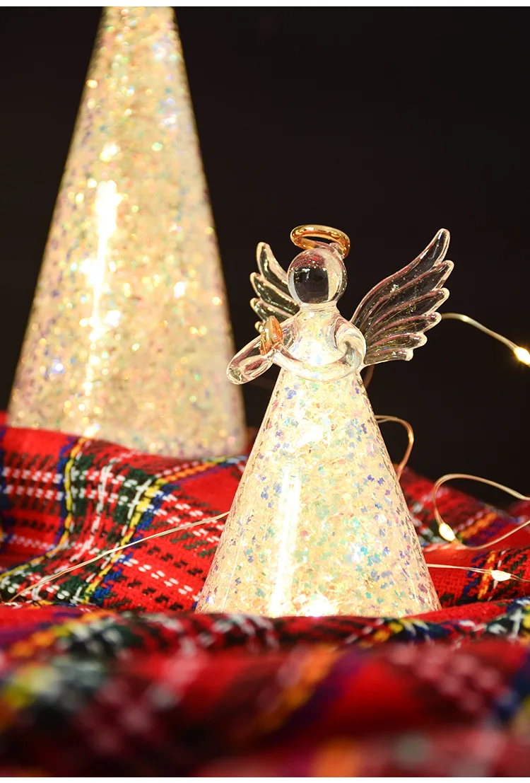 Led lighted glitter hand blown glass angel with led lights for Christmas decor supplier