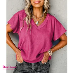 Dear-Lover Wholesale Oversized Vintage Bright Pink Crinkled Blank V Neck Wide Sleeve Women Tee-Shirt