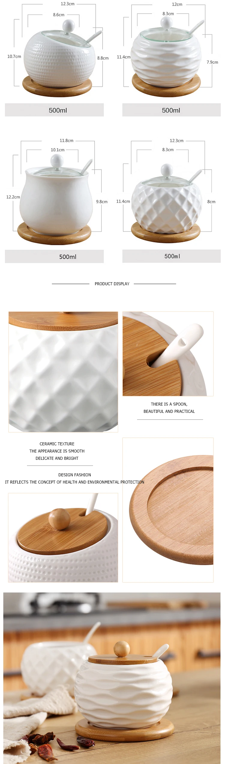 Wholesale luxury mini seasoning condiment porcelain ceramic container set spice jars with glass bamboo wood lid