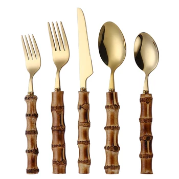 Stainless Steel Flatware Natural Real Bamboo Handle Gold Cutlery Set