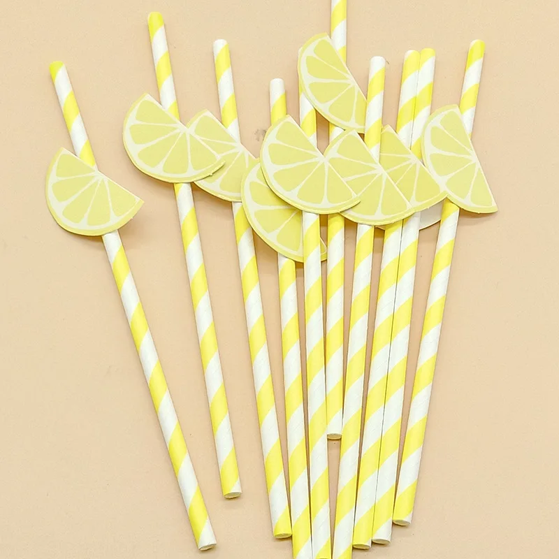 Yellow Lemon Card Disposable Paper Straws For Birthday Party Decoration