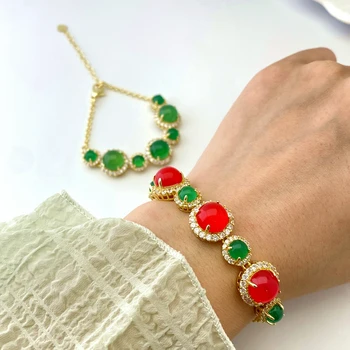 Luxury Micro Zircon Pave Green Chalcedony Beads Gemstone Link Bracelet