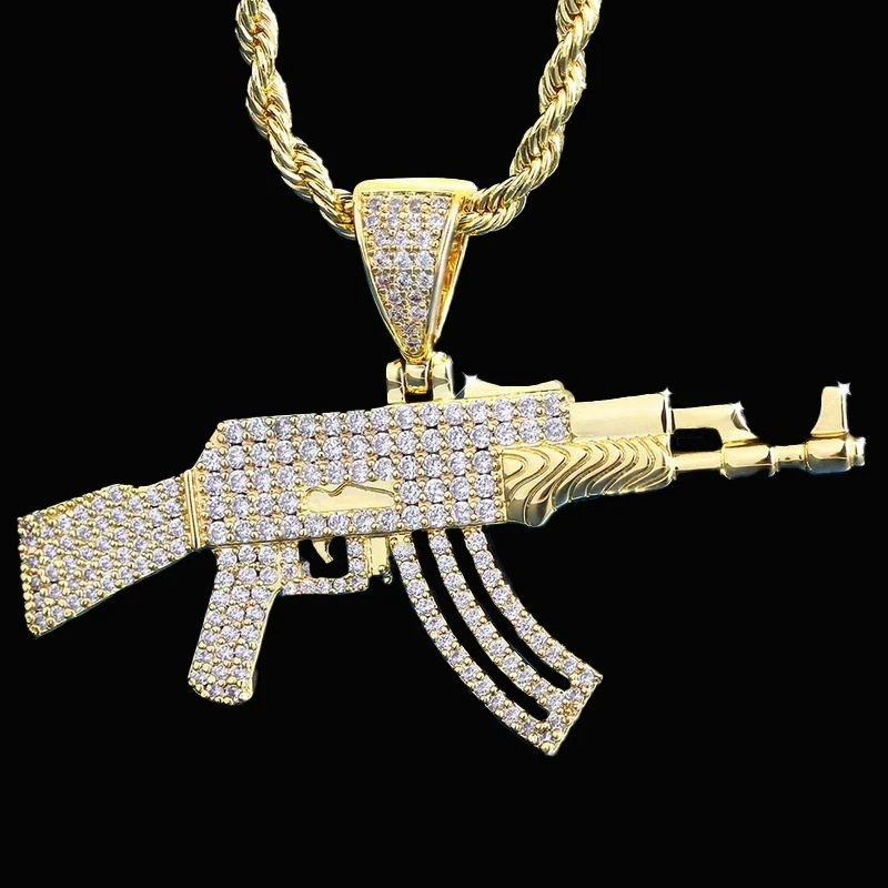 14k White GOLD PLATED MACHINE GUN AK 47 NECKLACE PENDANT 