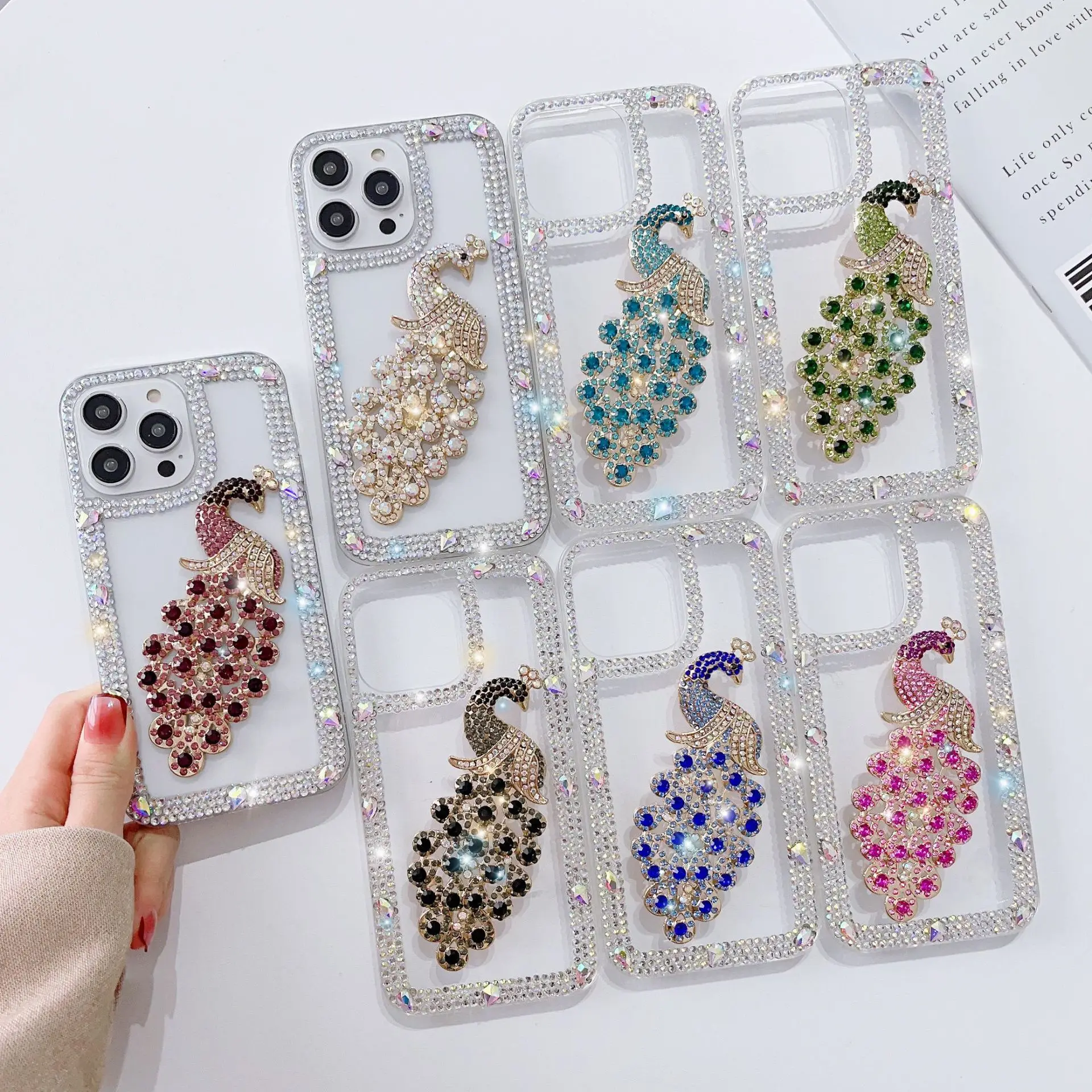 Luxury Bling Bling Diamond Peacock Phone Cases Mobile Cover for iPhone 15 14 12 11 XR XS Max 8 7 Samsung S24 S23 A14 A54