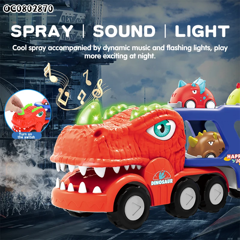 Cartoon lights and sounds plastic dinosaur toys electronic car with mist spray